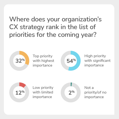 Four donut charts showing where CX strategy ranks among priorities for the coming year: top priority 32%, high priority 54%, low priority 12%, not a priority 2%