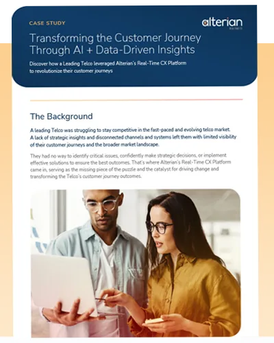 Cover of the Alterian telco case study PDF, "Transforming the Customer Journey Through AI + Data-Driven Insights"